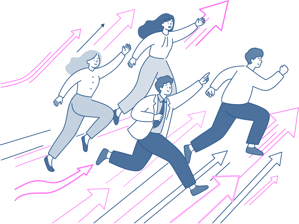 完成をめざして前向きに走り出す4人のイラスト